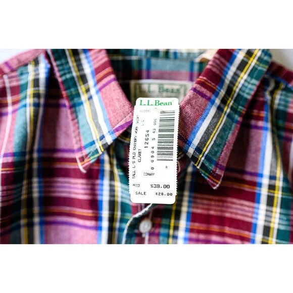 Vintage L.L. Bean tall L plaid button down chambry work shirt mens claret New - Picture 2 of 6